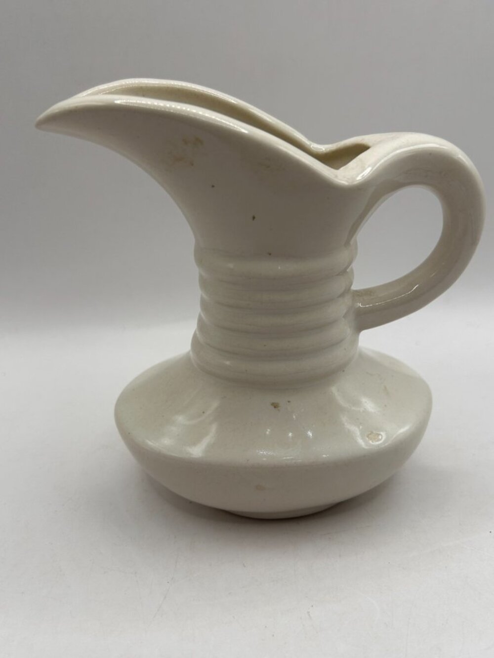 Vintage White Ring Neck Ewer Pitcher Ribbed Art Pottery Mid Century Farmhouse